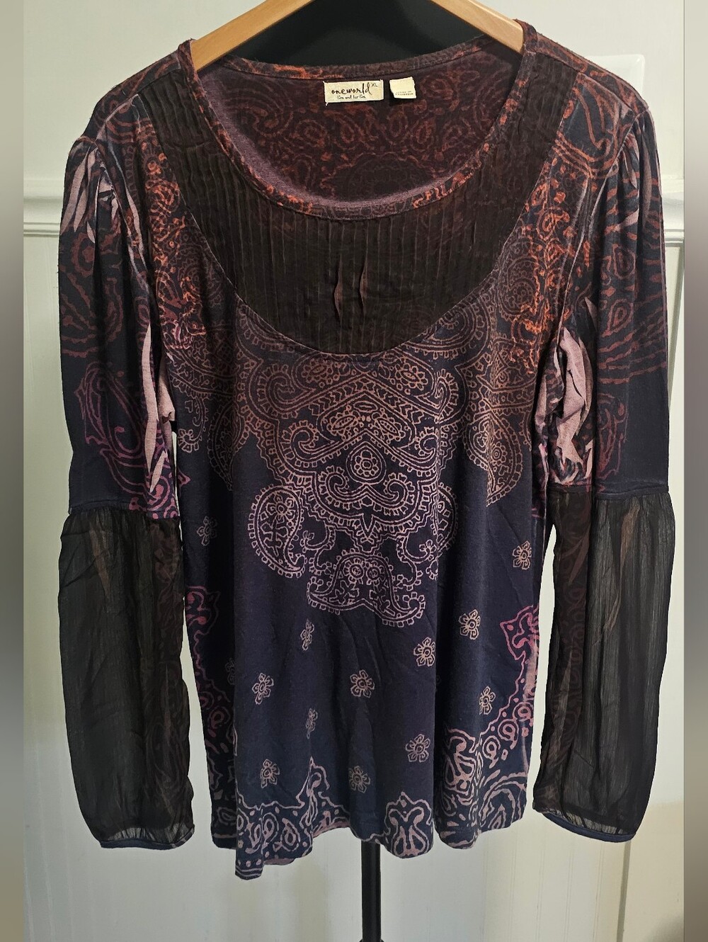 One World Purple Paisley Mixed-Media Scoop Neck Top with Sheer Sleeves Boho XL